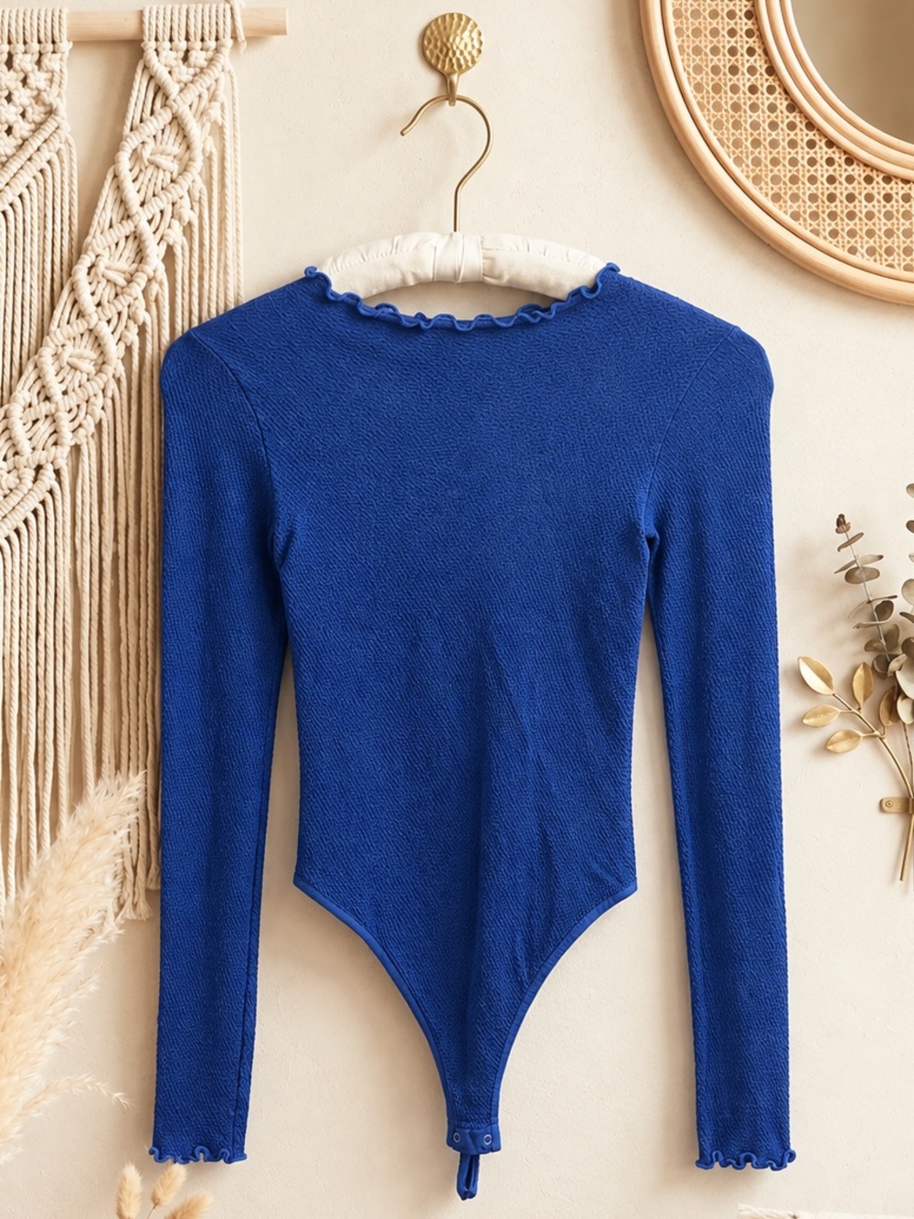 Free People Intimately Blue Mock Neck Long Sleeve Bodysuit with Lettuce Trim